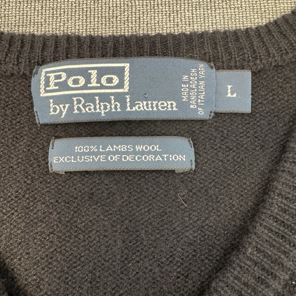 Polo Ralph Lauren Men 100% Lambs Wool L Black V Neck Sweater Logo Preppy Classic - Picture 4 of 12